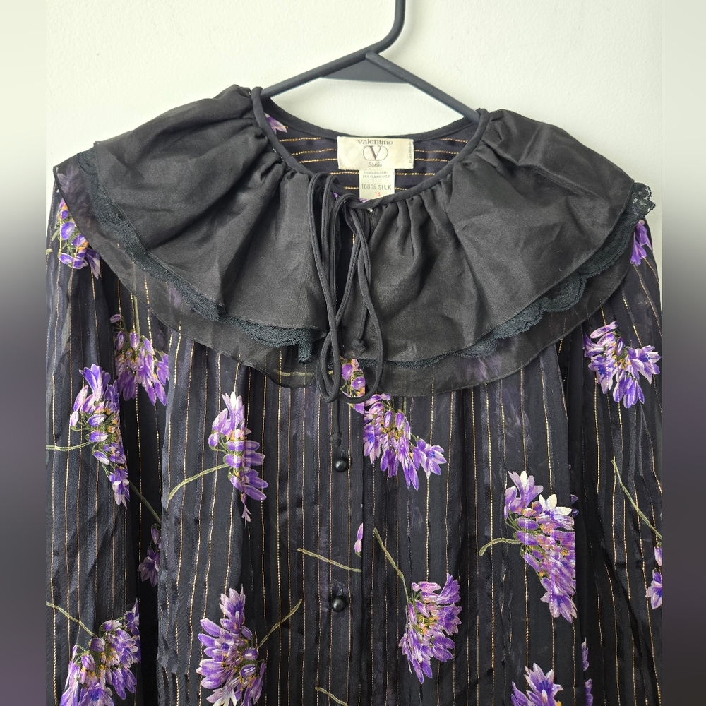 Vintage Valentino Studio By Jack Mulqueen 100% Silk Floral Ruffle Blouse - Picture 3 of 9